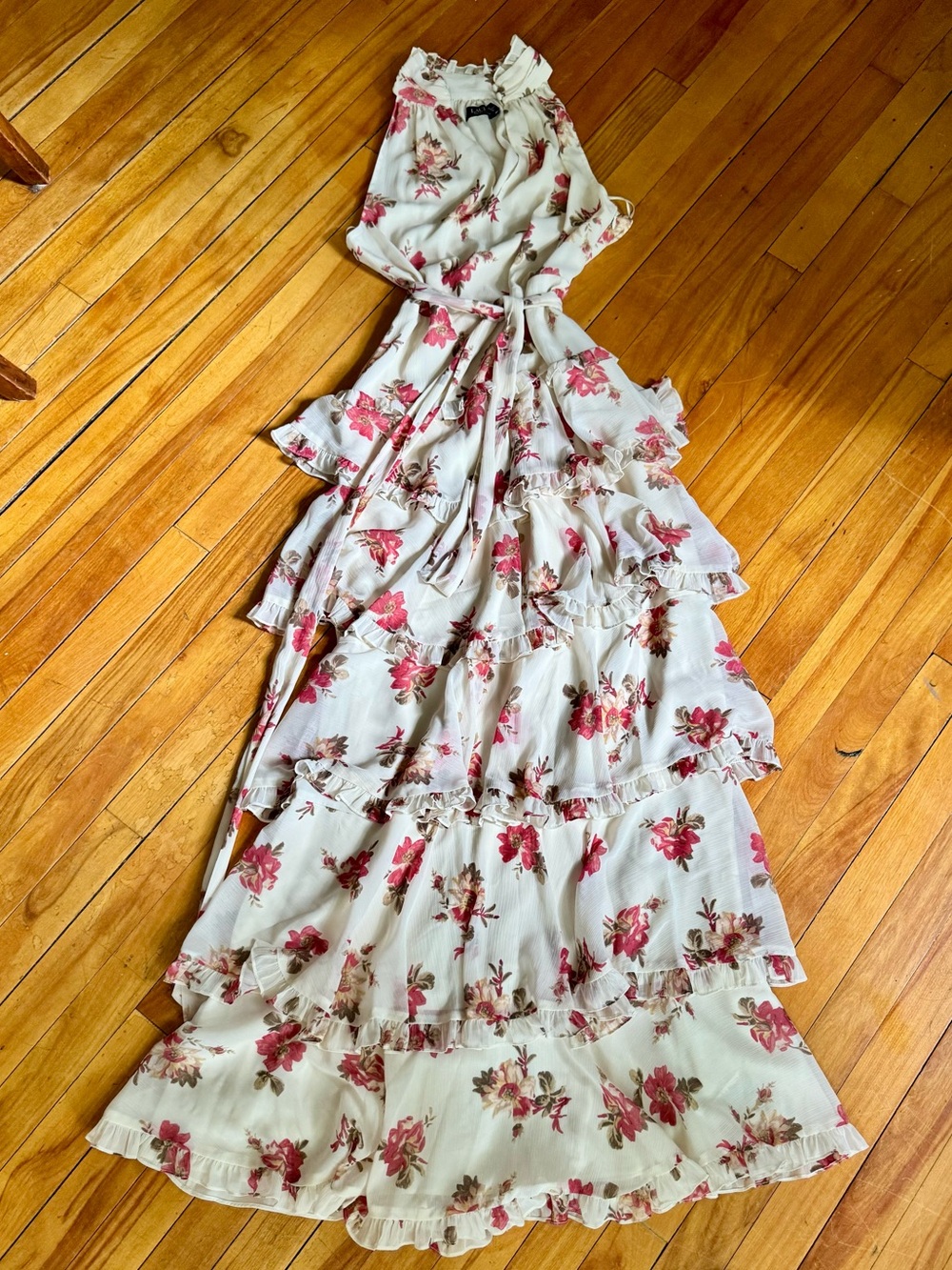 Ralph Lauren Black Label ivory Floral Maxi Dress with Pink and green Flowers